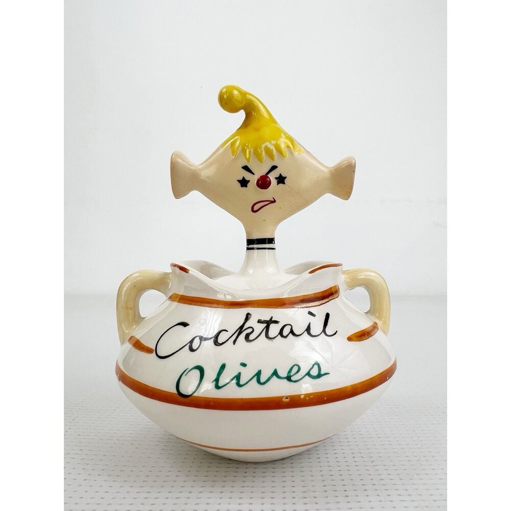 Vintage Ceramic Davar Pixieware Cocktail Olives Jar With Lid/Spoon READ